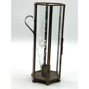 Vintage Brass Lantern Etched Glass Floral Candle Holder Hexagon 8" Boho Decor